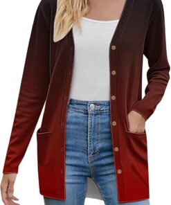HUIFUAO - Cárdigan de punto para mujer, de gran tamaño, con botones, parte delantera abierta, suéter de manga larga, degradado, con bolsillo