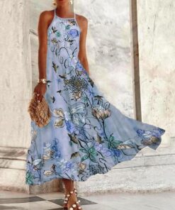 Vestido largo de verano con cuello halter y estampado floral azul para mujer, vestido bohemio sin mangas para vacaciones