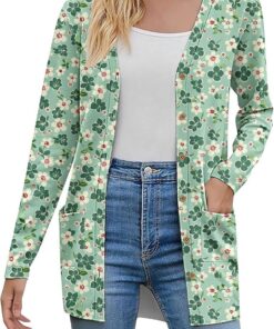 HUIFUAO - Cárdigan de punto para mujer, suéter de punto con botones y frente abierto, cárdigan de manga larga, estampado floral, ropa de abrigo con bolsillo