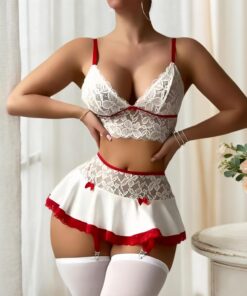 Lencería sexy para mujer, trajes traviesos, brasier de encaje, minifalda, liguero con tanga, conjuntos de lencería babydoll de 4 piezas