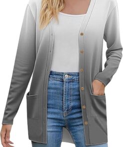 HUIFUAO - Cárdigan de punto para mujer, de gran tamaño, con botones, parte delantera abierta, suéter de manga larga, degradado, con bolsillo