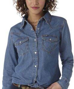 Wrangler Retro Long Sleeve Western Denim Snap Shirt Camisa Mujer (Pack de 1)