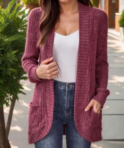 Cárdigan ligero de manga larga para mujer, frente abierto, casual, con bolsillos, cárdigan de otoño para mujer
