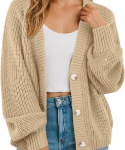 GRECERELLE Cárdigan suave de manga larga para mujer, suéter de punto con cuello en V, suéter de gran tamaño, holgado, grueso, con botones, para mujer, otoño, invierno, primavera