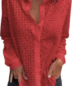 Camisas bordadas de encaje hueco para mujer, cuello en V, manga larga, con botones, para mujer, a la moda, elegante, holgada, casual