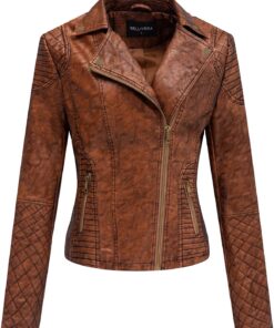 BELLIVERA Chaqueta casual de piel sintética para mujer, abrigo de moto de moda de otoño y primavera