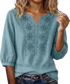 Camisetas de algodón y lino para mujer, camisas de manga 3/4 bordadas, camisetas bohemias de verano 2026, blusas casuales de playa