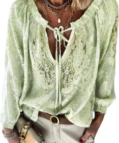 shownicer Mujer Camisas Túnica de Manga Larga Boho Blusa Camiseta de Encaje Suelta Casual Patchwork T-Shirt Tops