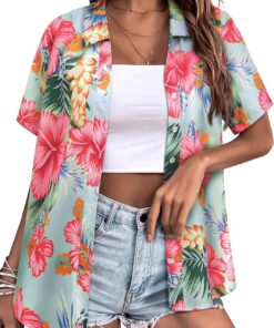 WIEIYM Camisas hawaianas con estampado floral y botones para mujer, blusas con estampado de flores, camiseta informal de verano de manga corta, unisex, para vacaciones, playa, tropical