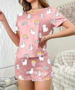 Conjunto de pijama estampado para mujer, 2 piezas, manga corta, cuello redondo y pantalones cortos, ropa de dormir casual para interiores