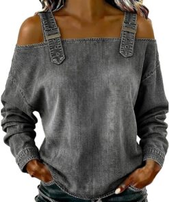 Camiseta vaquera retro de manga larga con hombros descubiertos para mujer, diseño de correas de hebilla ajustables, diseño 2026, camisa de mezclilla casual de moda para primavera y verano