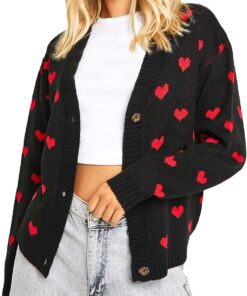 Sexy Outfit Cárdigans de Punto para el día de San Valentín para Mujer, Lindo Estampado de corazón, Manga Larga con Botones, suéteres cálidos, Ropa estética