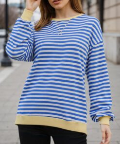 Sudadera de gran tamaño a rayas para mujer, manga larga, cuello redondo, blusas casuales
