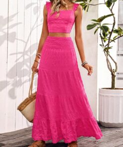 Conjunto de 2 piezas de camiseta corta con cuello cuadrado con volantes y falda larga escalonada para mujer, color rosa intenso, traje de verano fruncido