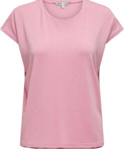 Solo Camiseta de Moda para Mujer con Costura Brillante a Rayas Cuello Redondo Manga Corta