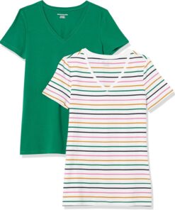 Amazon Essentials Camiseta de Manga Corta con Cuello en Pico y Corte Recto Mujer, Paquetes Múltiples