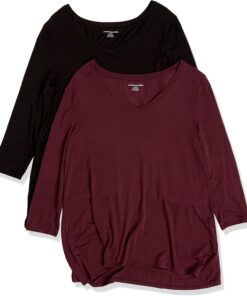 Amazon Essentials Camiseta de Manga 3/4 con Cuello en Pico (Disponible en Tallas Grandes) Mujer, Pack de 2