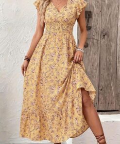 Vestidos de verano para mujer, bohemio, floral, cuello en V, manga con volantes, vestido largo de verano, playa, vacaciones, vestido de verano