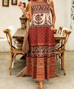Vestido largo para mujer, sin mangas, cuello redondo, ajuste holgado, estampado de rayas onduladas rojas y verdes, estilo bohemio