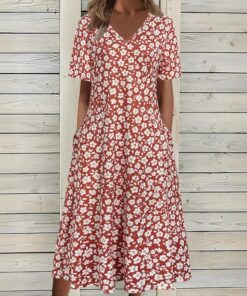 Vestido de primavera/verano con estampado floral para mujer, versátil, con bolsillo, manga corta, cuello en V
