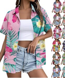 HUIFUAO - Camisas hawaianas para mujer, de verano, manga corta, divertidas, para vacaciones, playa, palmera, tropical, con botones, talla grande, camisa con estampado floral