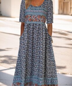 Vestido de verano bohemio para mujer, vestido midi con estampado floral, acampanado, casual, manga corta, vestido de playa con bolsillos