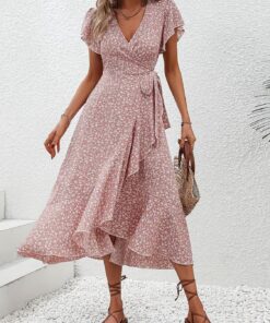 Vestido largo de playa con cuello en V y estampado floral para mujer, transpirable, de verano, casual, elegante, estilo sofisticado, vestido largo de playa