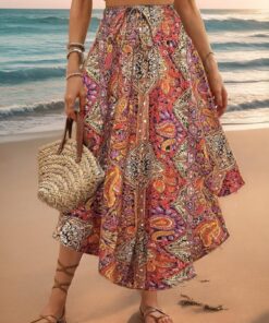 Falda bohemia floral midi para mujer, cintura alta, plisada, acampanada, falda larga fluida, atuendo casual de verano