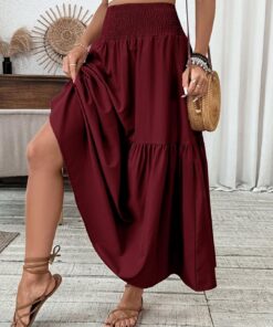 Falda larga de cintura alta fruncida para mujer, estilo bohemio, acampanada, con bolsillos