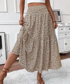 Falda larga de cintura alta fruncida para mujer, estilo casual, bohemio, floral, con bolsillos