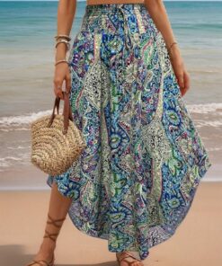 Falda bohemia floral midi para mujer, cintura alta, plisada, acampanada, falda larga fluida, atuendo casual de verano