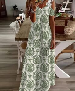Vestido largo de verano con estampado floral y hombros descubiertos y cuello en V para mujer