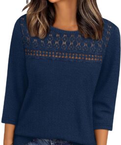 Camisas de manga corta para mujer, estilo bohemio, de ganchillo, encaje, punto gofre, talla grande, ropa de moda