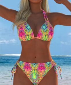 Conjunto de bikini triangular con estampado floral para mujer, traje de baño de dos piezas con parte inferior ajustable con lazo lateral