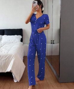 Conjunto de pijama acanalado con estampado de corazón para mujer, conjunto de 2 piezas de manga corta con botones y pantalones largos, ropa de dormir casual