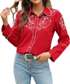 Camisas del lejano Oeste para mujer, vaquera, sexy, elegante, de manga larga, bordadas, con botones, blusas vaqueras para mujer