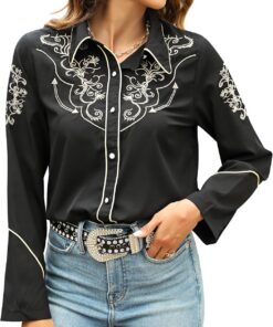 Camisas del lejano Oeste para mujer, vaquera, sexy, elegante, de manga larga, bordadas, con botones, blusas vaqueras para mujer