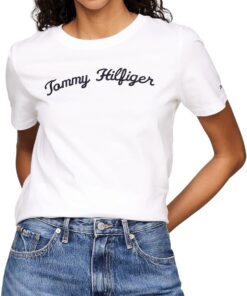 Tommy Hilfiger Camiseta de Manga Corta Mujer Script Regular con Cuello Redondo