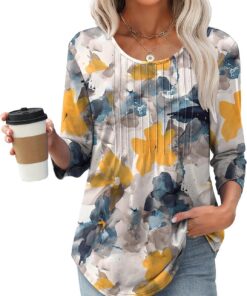 Blusa de manga 3/4 para mujer, cuello redondo, estilo casual, plisada, holgada