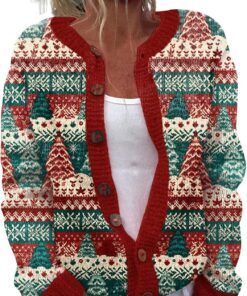 HUIFUAO - Suéter de Navidad para mujer, divertido estampado de árbol de Navidad, suéteres de copo de nieve, suéteres de manga larga con botones, abrigos de punto novedosos para festivales