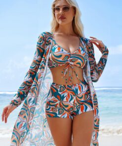 Conjunto de traje de baño de 3 piezas con estampado floral para mujer: parte superior de bikini, pantalones cortos de cintura alta y ropa de playa transparente