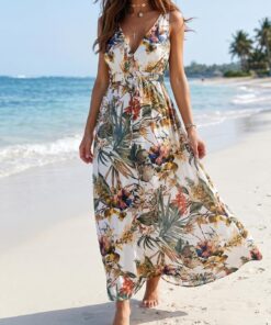 Vestido de verano para mujer, sexy, con cuello en V, sin mangas, bohemio, estampado floral, vestido de playa con espalda descubierta