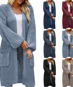 HUIFUAO - Suéteres largos tipo cárdigan de manga farol para mujer, suéteres de punto de talla grande, abrigos cálidos de otoño e invierno, suéteres de moda de manga larga con frente abierto, chaquetas