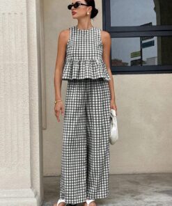 Conjunto de cuadros bohemios para mujer, con ribete de volantes para vacaciones y verano