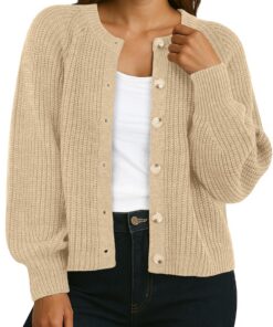 GRECERELLE Cárdigan de punto para mujer, manga larga, cárdigan grueso, elegante, cárdigan informal, cuello redondo, suéter de punto de gran tamaño, suéter informal con botones, otoño, invierno