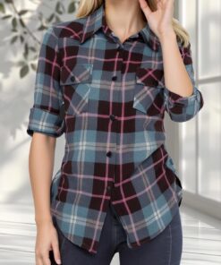 Blusa casual de franela de manga larga con botones para mujer
