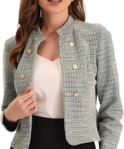 Allegra K Chaquetas de tweed vintage para mujer, cuello alto, chaqueta corta con frente abierto | Cuello alto, chaqueta corta a cuadros vintage, trajes casuales elegantes, primavera, otoño e invierno