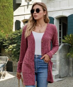 Suéter de punto para mujer, para primavera, otoño, manga larga, frente abierto, ligero, casual, con bolsillos