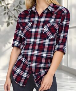 Blusa casual de franela de manga larga con botones para mujer