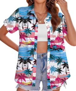 tiorhooe Camisas hawaianas para mujer, diseño de árbol tropical, de manga corta, con botones, para verano, playa, vacaciones